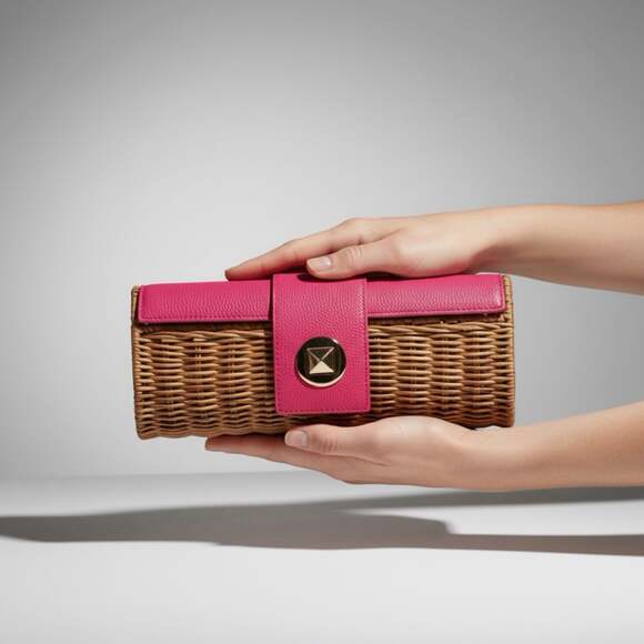 Mud Pie Handbags - Mud Pie Rachel Pink Faux Leather and Rattan Woven Cylinder Clutch